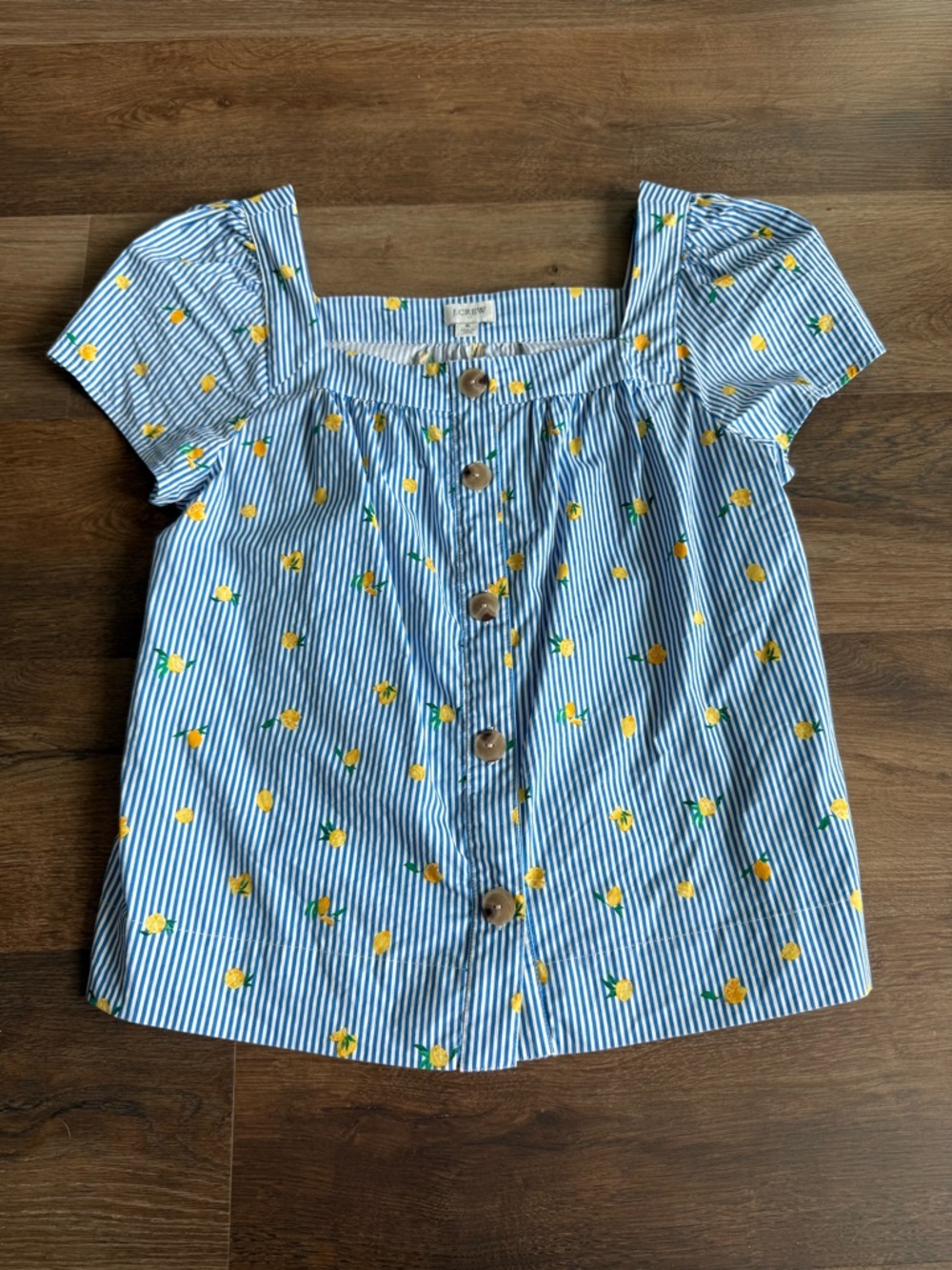 J. Crew Blue and White Striped Lemon-Print Square Neck Blouse